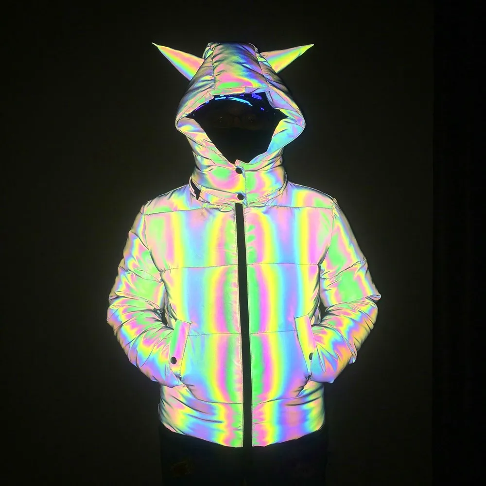 Winter Women Rainbow Reflective Horn Hooded Parkas Down Bubble Coat Puffer Jacket Bling Luminous Cute Hooded Down Jacket Outcoat