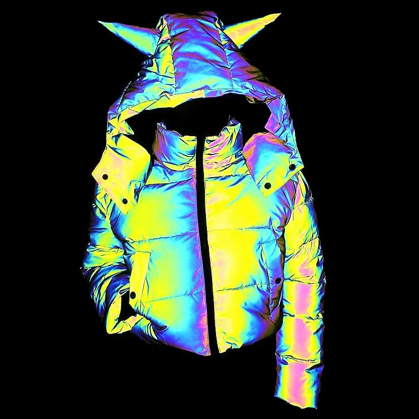 Winter Women Rainbow Reflective Horn Hooded Parkas Down Bubble Coat Puffer Jacket Bling Luminous Cute Hooded Down Jacket Outcoat