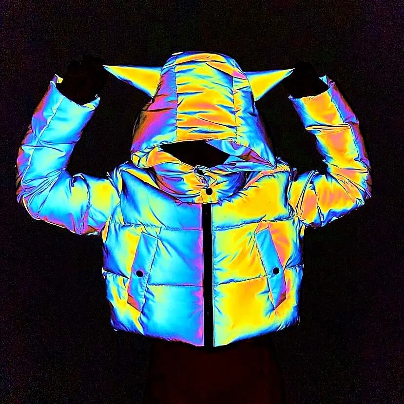 Winter Women Rainbow Reflective Horn Hooded Parkas Down Bubble Coat Puffer Jacket Bling Luminous Cute Hooded Down Jacket Outcoat