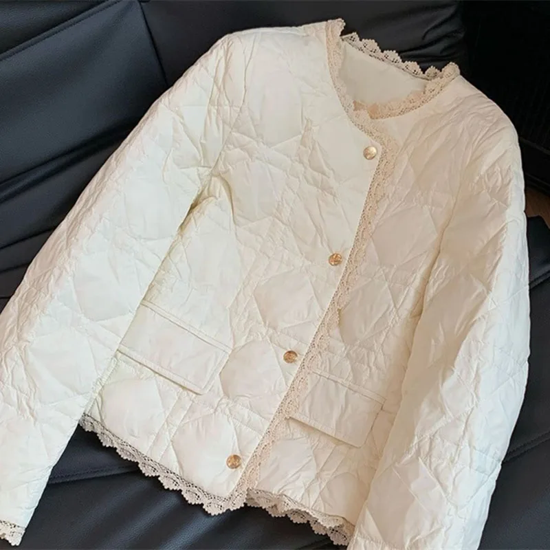 Small Fragrance Style Cotton Coat for Women New Autumn Winter Jacket Fashion Round Neck Lace Edge Warm Parker Overcoat