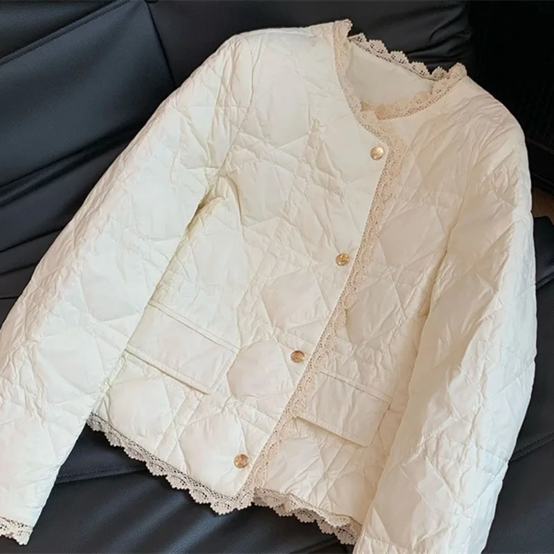 Small Fragrance Style Cotton Coat for Women New Autumn Winter Jacket Fashion Round Neck Lace Edge Warm Parker Overcoat