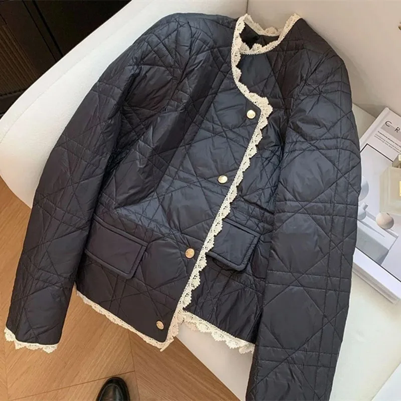 Small Fragrance Style Cotton Coat for Women New Autumn Winter Jacket Fashion Round Neck Lace Edge Warm Parker Overcoat