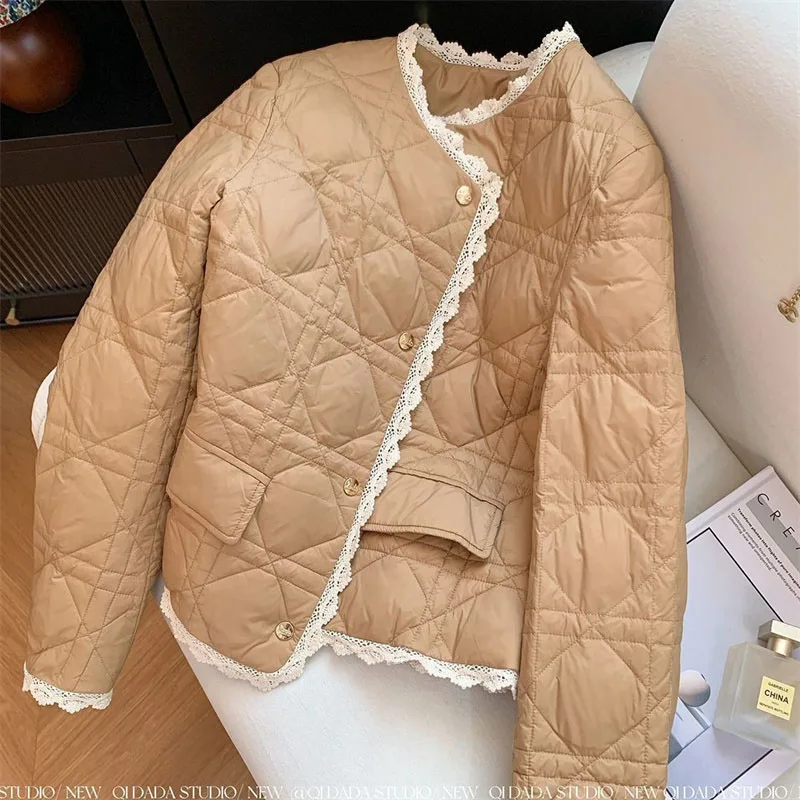 Small Fragrance Style Cotton Coat for Women New Autumn Winter Jacket Fashion Round Neck Lace Edge Warm Parker Overcoat
