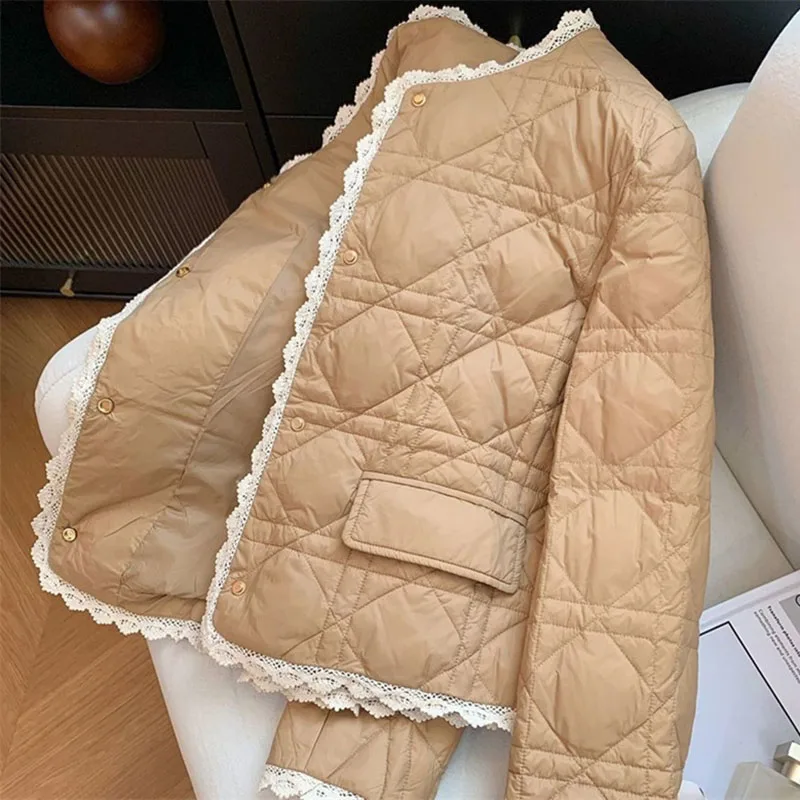 Small Fragrance Style Cotton Coat for Women New Autumn Winter Jacket Fashion Round Neck Lace Edge Warm Parker Overcoat