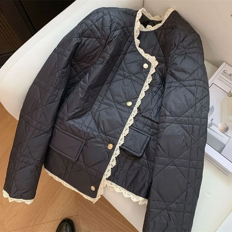 Small Fragrance Style Cotton Coat for Women New Autumn Winter Jacket Fashion Round Neck Lace Edge Warm Parker Overcoat