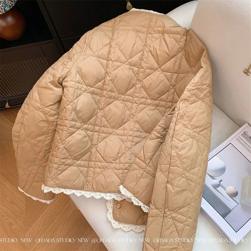 Small Fragrance Style Cotton Coat for Women New Autumn Winter Jacket Fashion Round Neck Lace Edge Warm Parker Overcoat