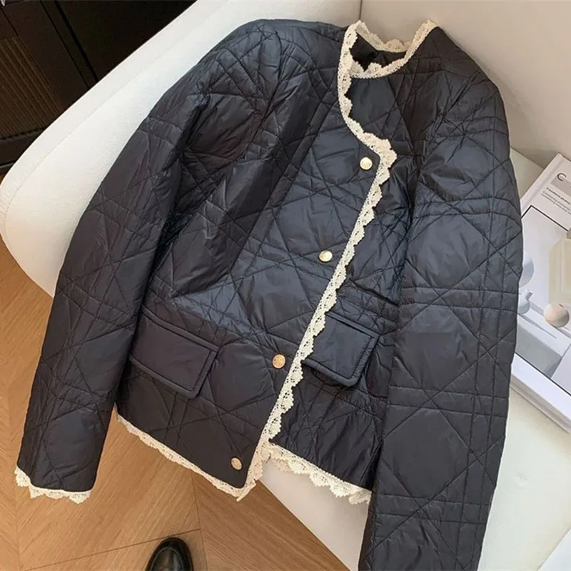 Small Fragrance Style Cotton Coat for Women New Autumn Winter Jacket Fashion Round Neck Lace Edge Warm Parker Overcoat