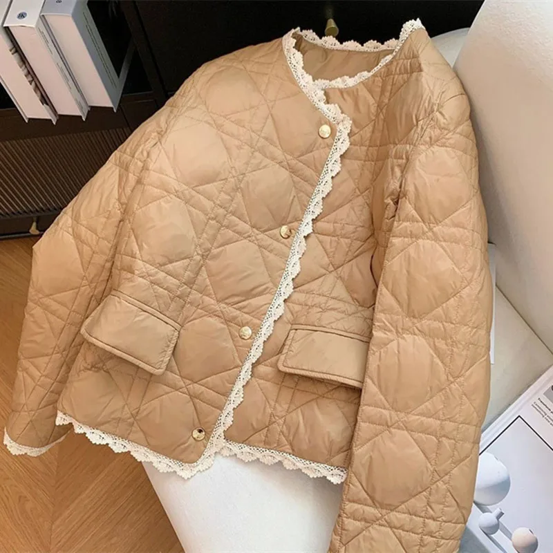 Small Fragrance Style Cotton Coat for Women New Autumn Winter Jacket Fashion Round Neck Lace Edge Warm Parker Overcoat