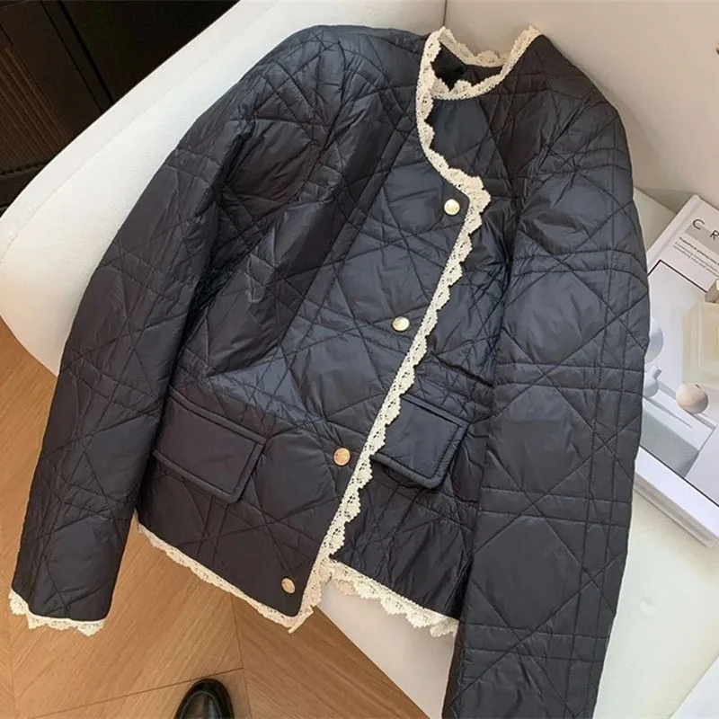 Small Fragrance Style Cotton Coat for Women New Autumn Winter Jacket Fashion Round Neck Lace Edge Warm Parker Overcoat