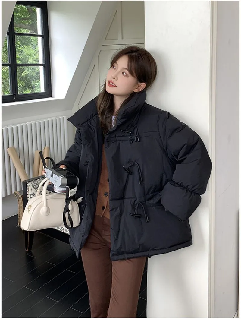 Off-season Women's Down Cotton Loose Coat 2026 New Winter Female Korean Horn Button Jacket Bread Ladies Student Overwear