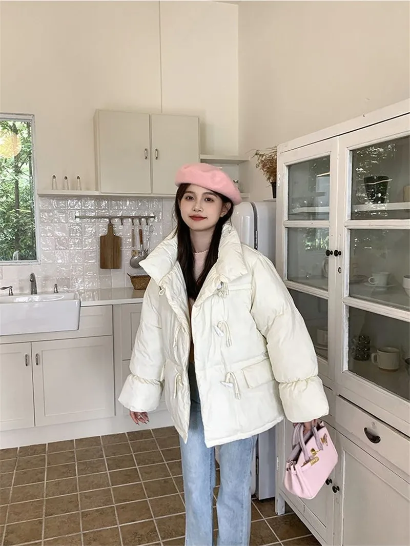 Off-season Women's Down Cotton Loose Coat 2026 New Winter Female Korean Horn Button Jacket Bread Ladies Student Overwear