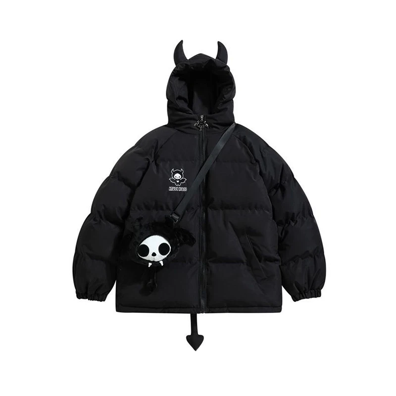 Women Black Gothic Thicken Parkas Jacket Hip Hop Devil Horns Wing Couple Hooded Padded Jacket Streetwear Emo Coat Winter Clothes