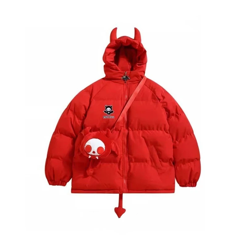Women Black Gothic Thicken Parkas Jacket Hip Hop Devil Horns Wing Couple Hooded Padded Jacket Streetwear Emo Coat Winter Clothes
