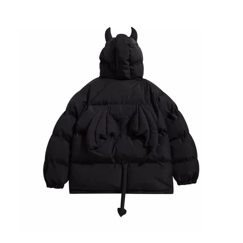 Women Black Gothic Thicken Parkas Jacket Hip Hop Devil Horns Wing Couple Hooded Padded Jacket Streetwear Emo Coat Winter Clothes