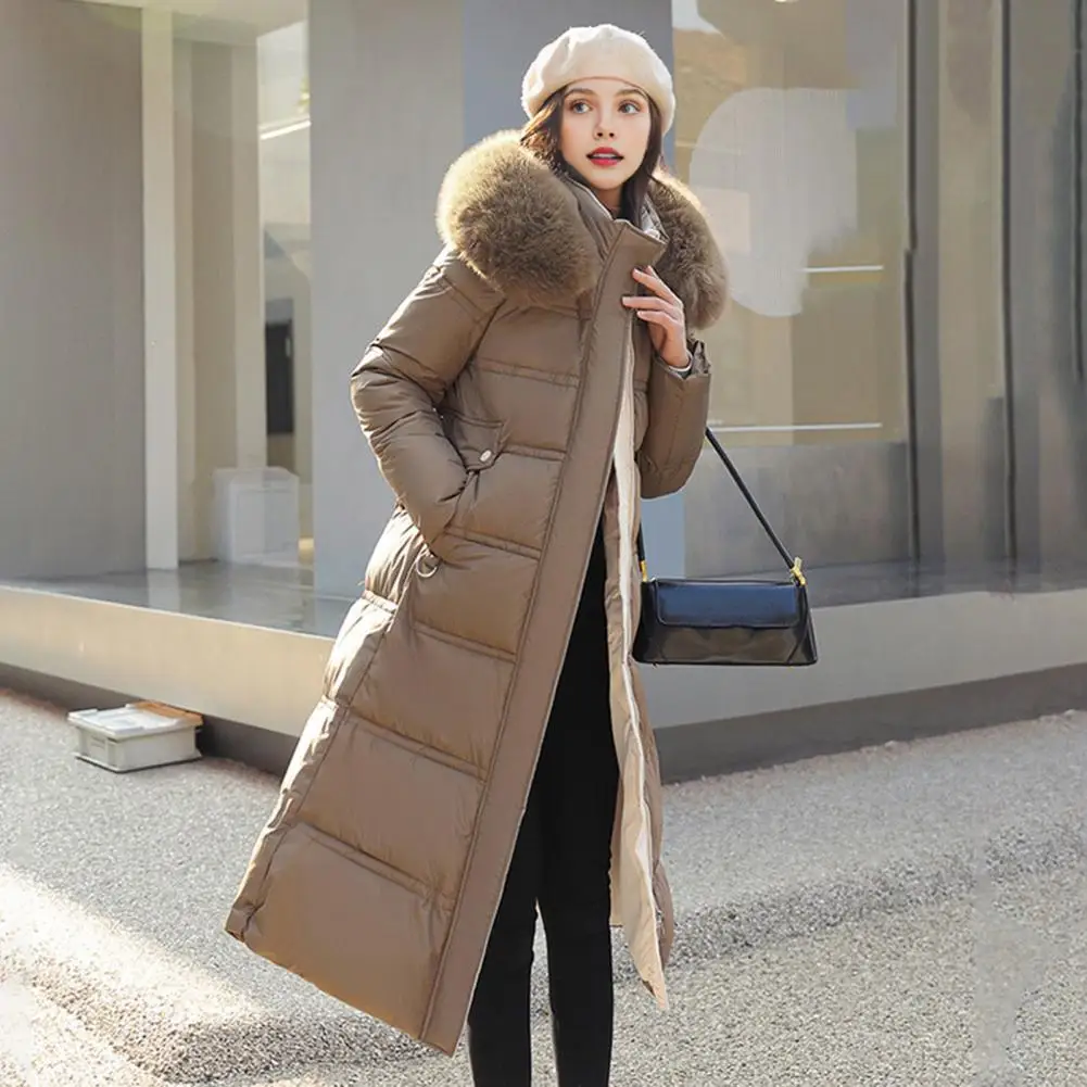 Winter Women Long Parkas Solid Colo Neck Hooded Cotton Jacket Pockets Windproof Zipper Closure Padded Outwear