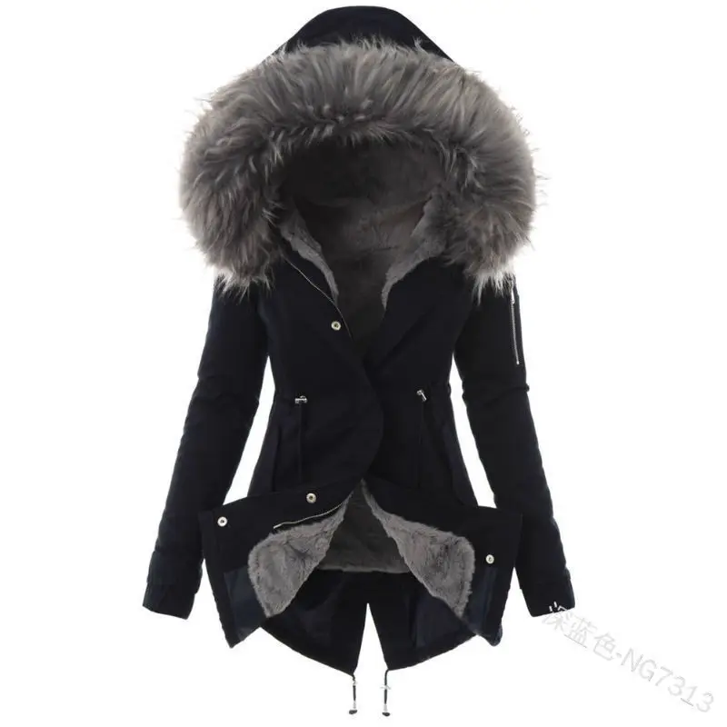 Women Parkas Hooded Long Sleeve Slim Fit Coats Button Solid Zipper Splice Parka Tight Wait Outerwear Thick Warm Fur Collar