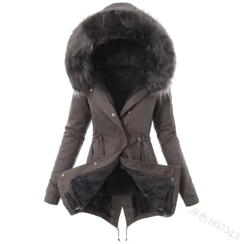 Women Parkas Hooded Long Sleeve Slim Fit Coats Button Solid Zipper Splice Parka Tight Wait Outerwear Thick Warm Fur Collar