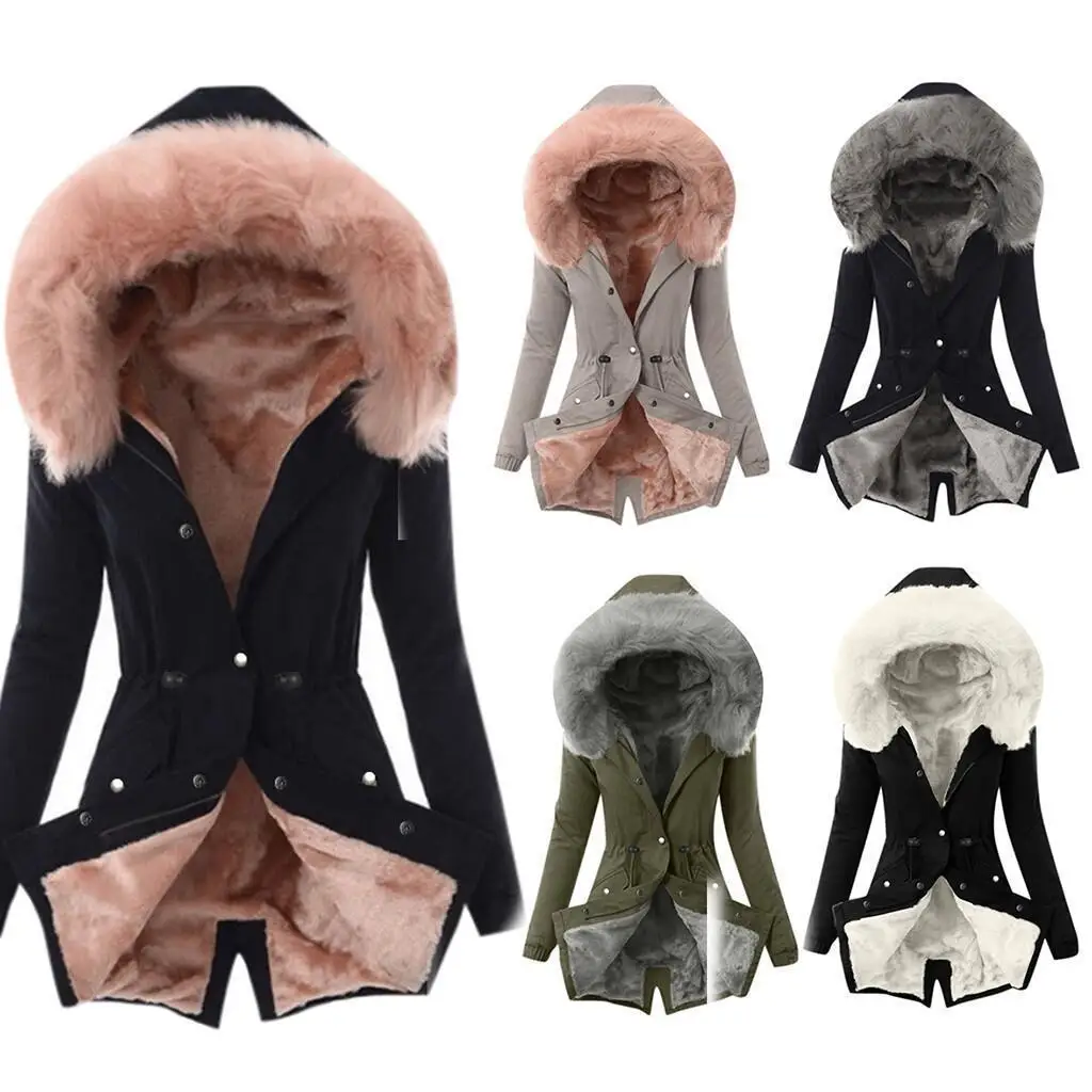 Women Parkas Hooded Long Sleeve Slim Fit Coats Button Solid Zipper Splice Parka Tight Wait Outerwear Thick Warm Fur Collar