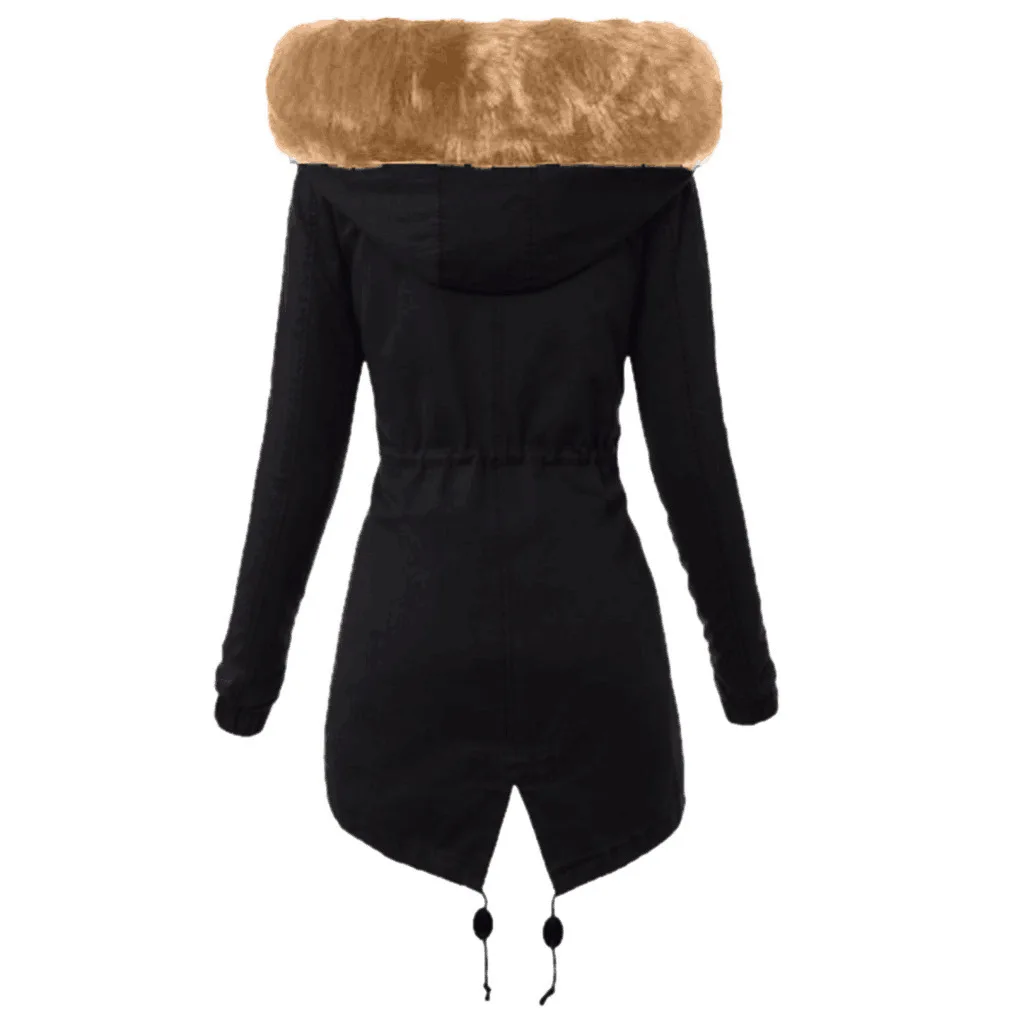 Women Parkas Hooded Long Sleeve Slim Fit Coats Button Solid Zipper Splice Parka Tight Wait Outerwear Thick Warm Fur Collar