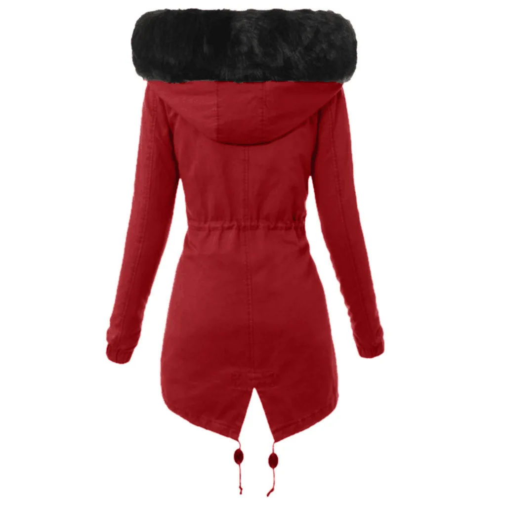 Women Parkas Hooded Long Sleeve Slim Fit Coats Button Solid Zipper Splice Parka Tight Wait Outerwear Thick Warm Fur Collar