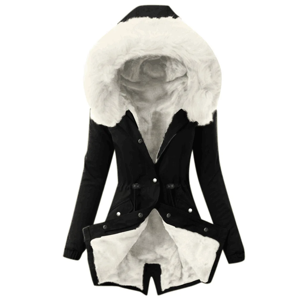 Women Parkas Hooded Long Sleeve Slim Fit Coats Button Solid Zipper Splice Parka Tight Wait Outerwear Thick Warm Fur Collar