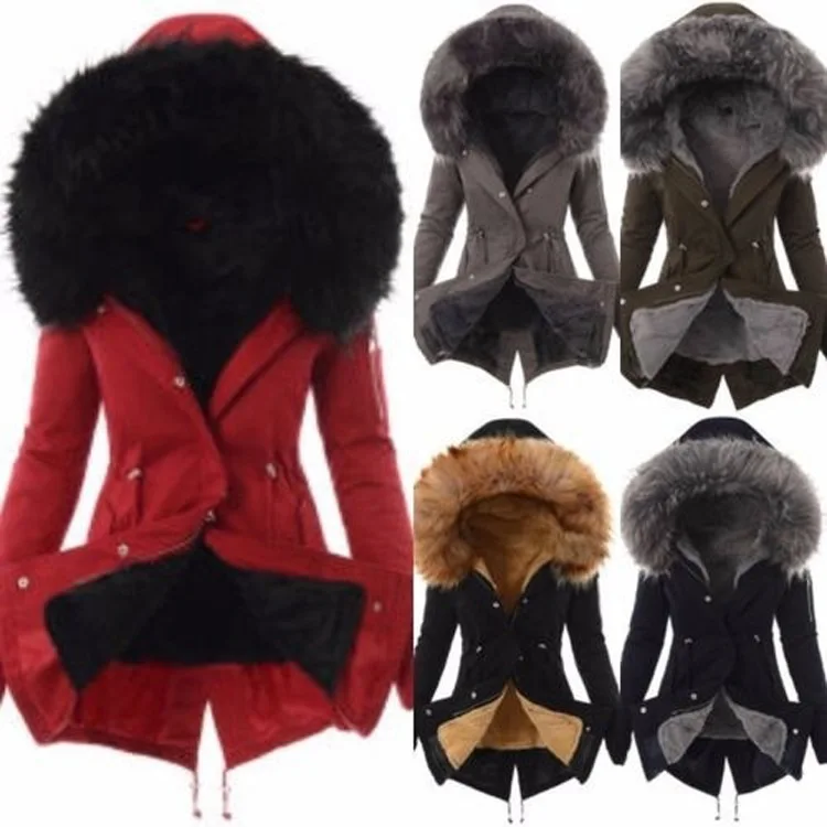 Women Parkas Hooded Long Sleeve Slim Fit Coats Button Solid Zipper Splice Parka Tight Wait Outerwear Thick Warm Fur Collar