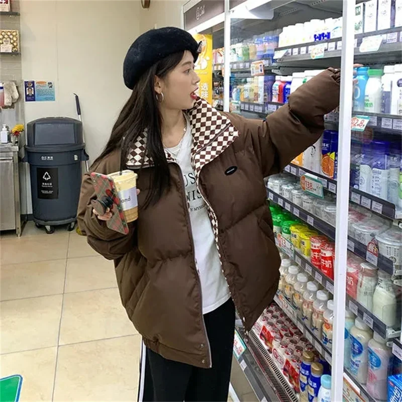 Checkerboard Plaid Cotton Jacket For Women 2023 Winter New Sen Style Down Bun Jacket ins Korean Version Loose Cotton Coat Trend