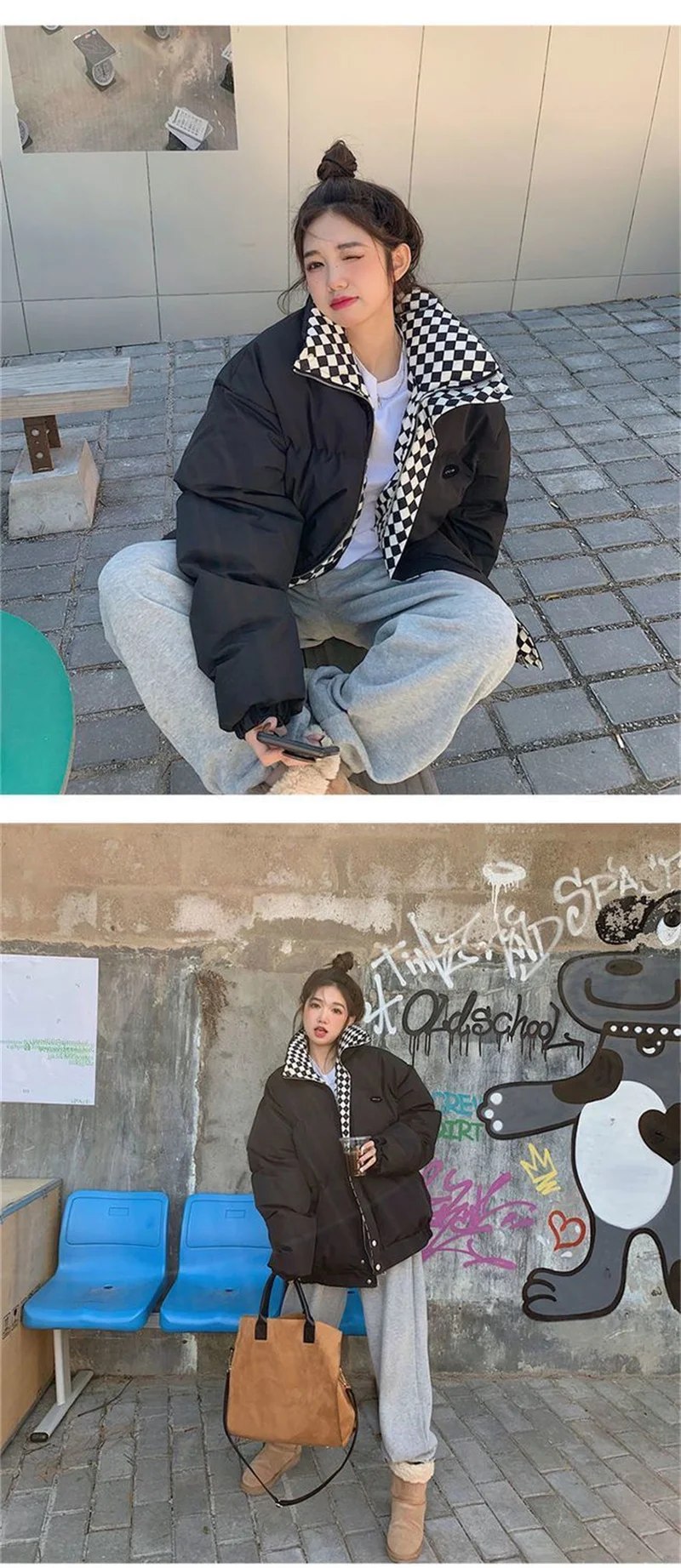 Checkerboard Plaid Cotton Jacket For Women 2023 Winter New Sen Style Down Bun Jacket ins Korean Version Loose Cotton Coat Trend