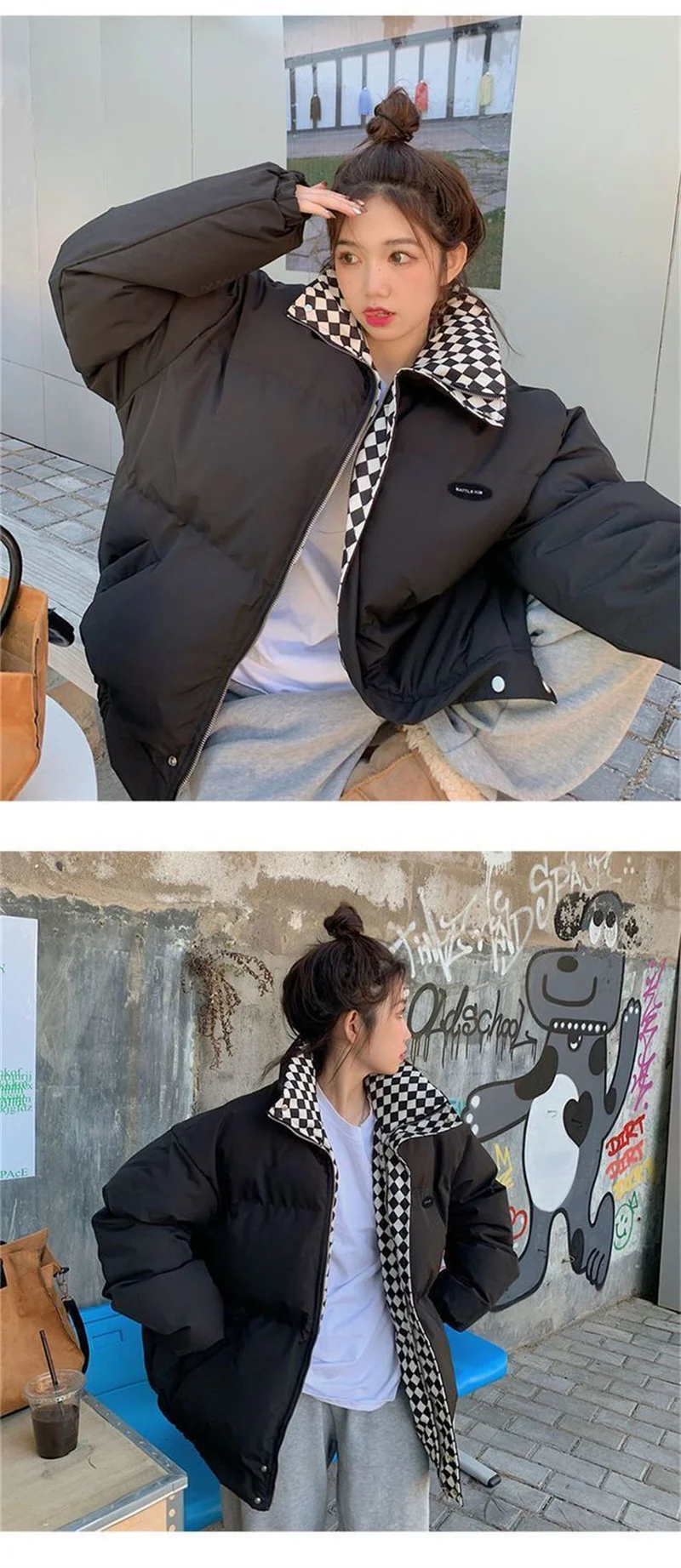 Checkerboard Plaid Cotton Jacket For Women 2023 Winter New Sen Style Down Bun Jacket ins Korean Version Loose Cotton Coat Trend
