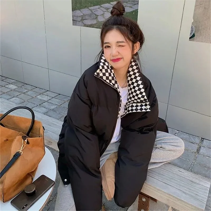 Checkerboard Plaid Cotton Jacket For Women 2023 Winter New Sen Style Down Bun Jacket ins Korean Version Loose Cotton Coat Trend