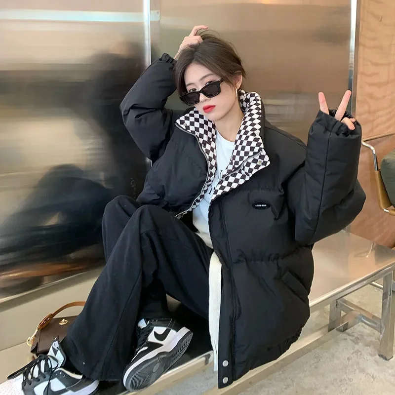 Checkerboard Plaid Cotton Jacket For Women 2023 Winter New Sen Style Down Bun Jacket ins Korean Version Loose Cotton Coat Trend