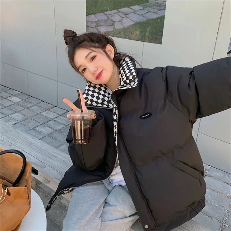 Checkerboard Plaid Cotton Jacket For Women 2023 Winter New Sen Style Down Bun Jacket ins Korean Version Loose Cotton Coat Trend