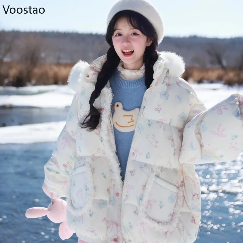 Autumn Winter Kawaii Lolita Parkas Women Japanese Y2k Cute Bunny Print Padded Coat Korean Girls Sweet Warm Loose Hooded Jacket