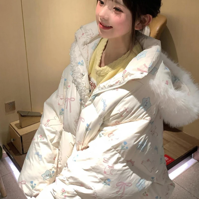 Autumn Winter Kawaii Lolita Parkas Women Japanese Y2k Cute Bunny Print Padded Coat Korean Girls Sweet Warm Loose Hooded Jacket