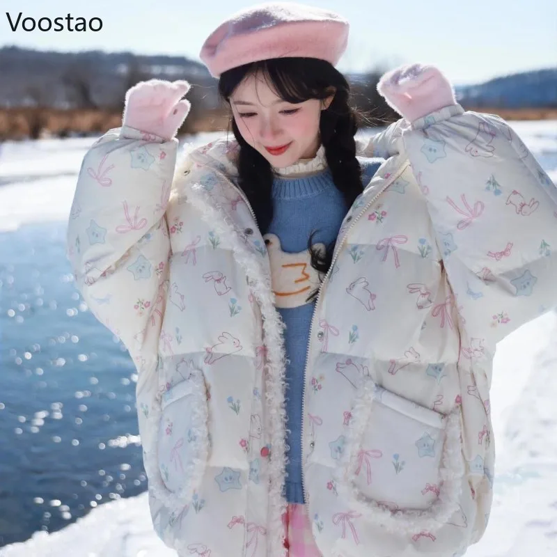 Autumn Winter Kawaii Lolita Parkas Women Japanese Y2k Cute Bunny Print Padded Coat Korean Girls Sweet Warm Loose Hooded Jacket