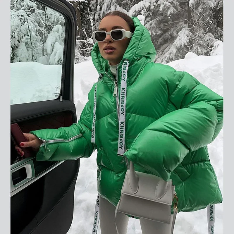 Casual Printed Thicken Cotton Coats Women Hooded Zipper Warm Drawstring Lady Jackets 2025 Winter Fashion Female Street Coat