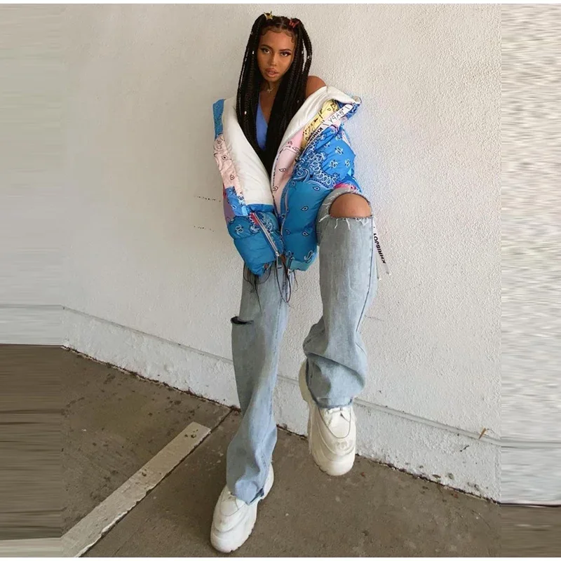 Casual Printed Thicken Cotton Coats Women Hooded Zipper Warm Drawstring Lady Jackets 2025 Winter Fashion Female Street Coat