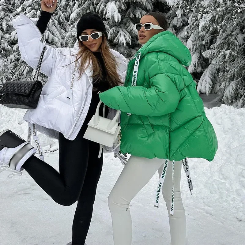 Casual Printed Thicken Cotton Coats Women Hooded Zipper Warm Drawstring Lady Jackets 2025 Winter Fashion Female Street Coat