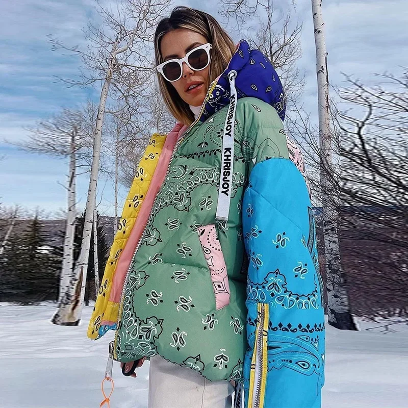 Casual Printed Thicken Cotton Coats Women Hooded Zipper Warm Drawstring Lady Jackets 2025 Winter Fashion Female Street Coat