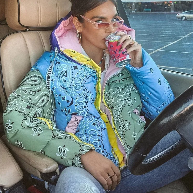 Casual Printed Thicken Cotton Coats Women Hooded Zipper Warm Drawstring Lady Jackets 2025 Winter Fashion Female Street Coat