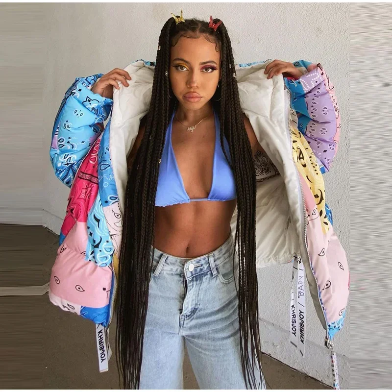 Casual Printed Thicken Cotton Coats Women Hooded Zipper Warm Drawstring Lady Jackets 2025 Winter Fashion Female Street Coat