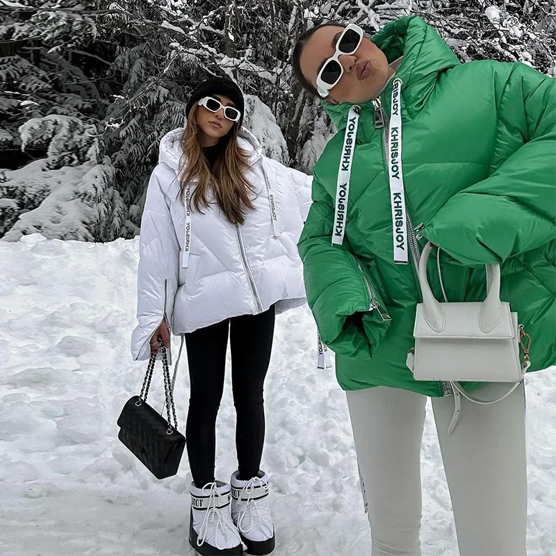 Casual Printed Thicken Cotton Coats Women Hooded Zipper Warm Drawstring Lady Jackets 2025 Winter Fashion Female Street Coat