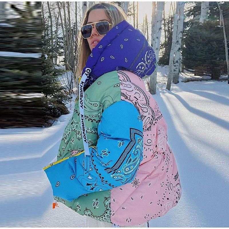 Casual Printed Thicken Cotton Coats Women Hooded Zipper Warm Drawstring Lady Jackets 2025 Winter Fashion Female Street Coat