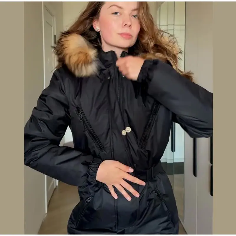 Cotton Padded Ski Jumpsuit Sets Women Zipper High Waist Windproof Outwear Wide Leg Snow 2025 Winter Sports Street Lady Skiwear