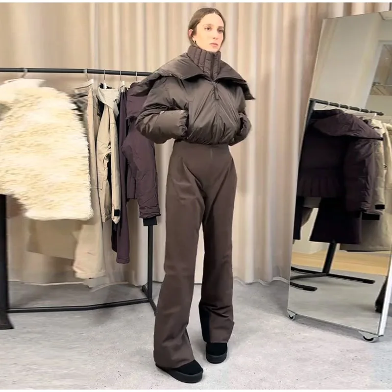Cotton Padded Ski Jumpsuit Sets Women Zipper High Waist Windproof Outwear Wide Leg Snow 2025 Winter Sports Street Lady Skiwear