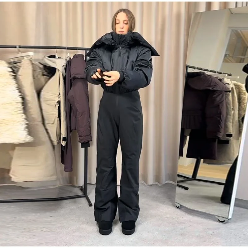 Cotton Padded Ski Jumpsuit Sets Women Zipper High Waist Windproof Outwear Wide Leg Snow 2025 Winter Sports Street Lady Skiwear