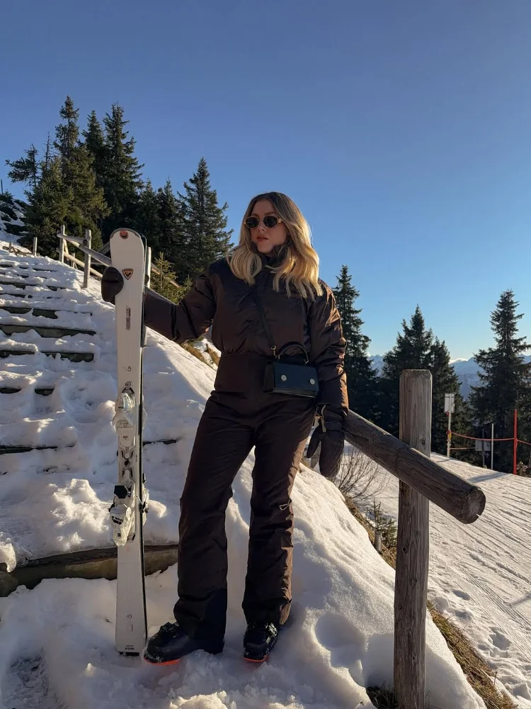 Cotton Padded Ski Jumpsuit Sets Women Zipper High Waist Windproof Outwear Wide Leg Snow 2025 Winter Sports Street Lady Skiwear