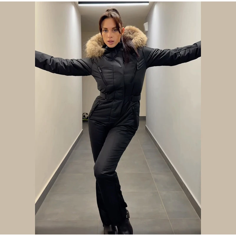 Cotton Padded Ski Jumpsuit Sets Women Zipper High Waist Windproof Outwear Wide Leg Snow 2025 Winter Sports Street Lady Skiwear