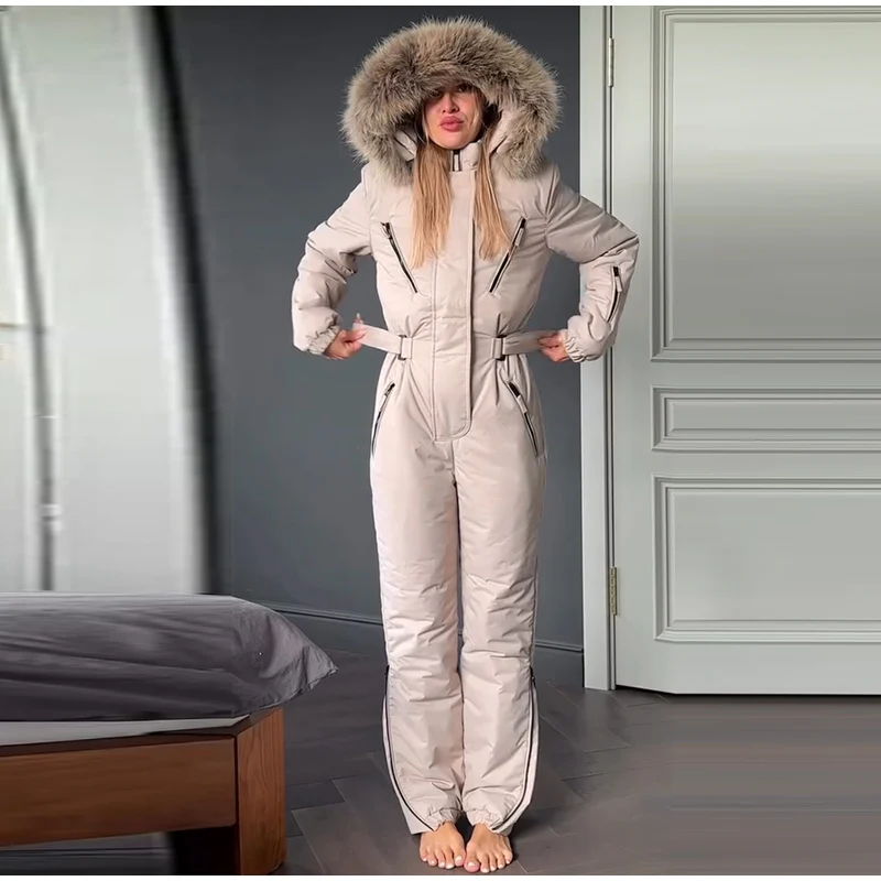 Cotton Padded Ski Jumpsuit Sets Women Zipper High Waist Windproof Outwear Wide Leg Snow 2025 Winter Sports Street Lady Skiwear