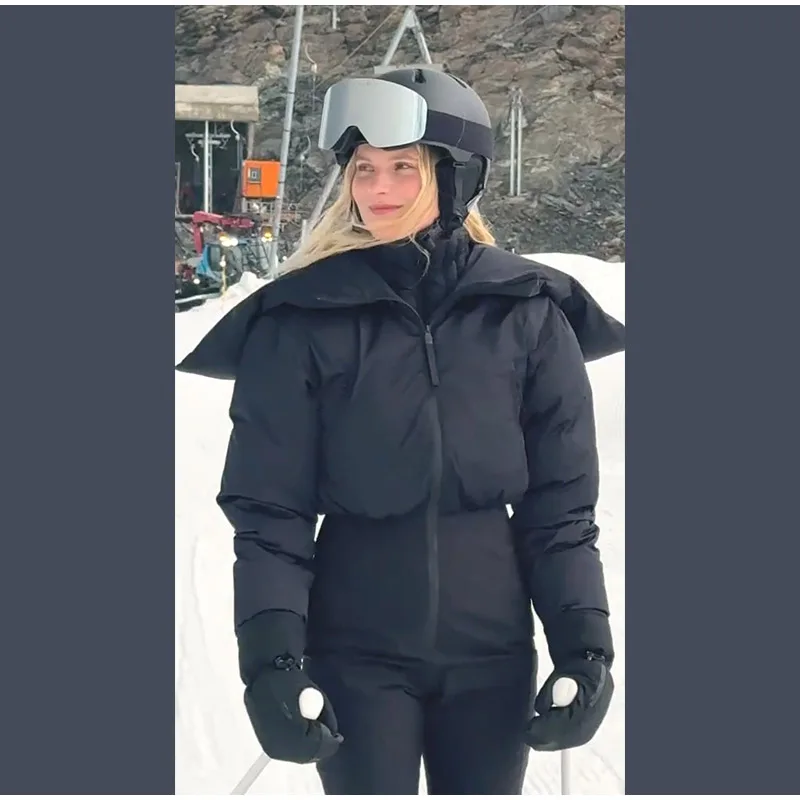 Cotton Padded Ski Jumpsuit Sets Women Zipper High Waist Windproof Outwear Wide Leg Snow 2025 Winter Sports Street Lady Skiwear